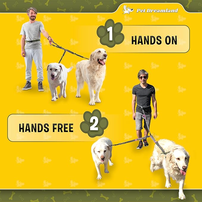 Pet Dreamland Exquisite Hands Free Dual Dog Leash for Large Dogs. Trending Waist Leash for Walking 2 Dogs No Tangle. You Will Absolutely Love This Amazing Double Dog Gear (Dark Grey & Pink)