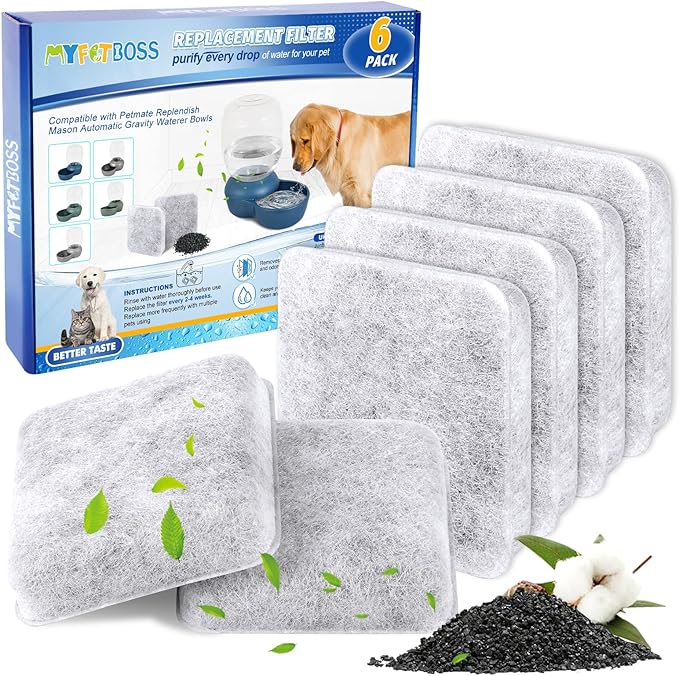 MyfatBOSS Dog Water Filter Replacement, Dog Water Bowl Filter, Pet Water Filter Compatible with Petmate Replendish Mason Automatic Gravity Waterer Bowls for Cats and Dogs, 6 Pack