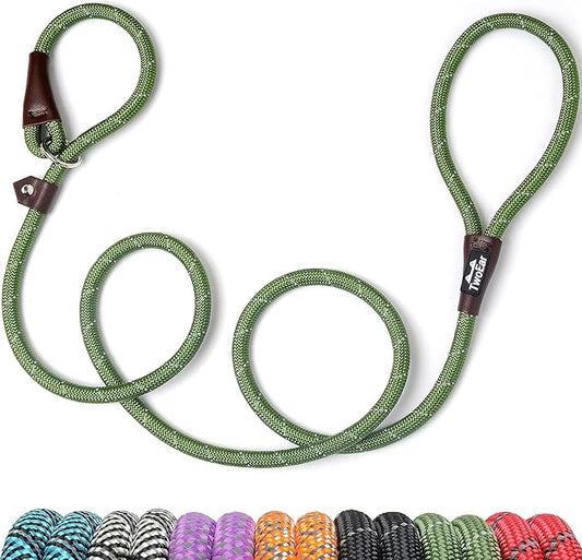 TwoEar 6FT Slip Lead Dog Leash, Heavy Duty Slip Leash for Dogs with Highly Reflective, Strong Rope Slip Leads No Pull Pet Training Leashes for Small Dogs (3/8", Green)