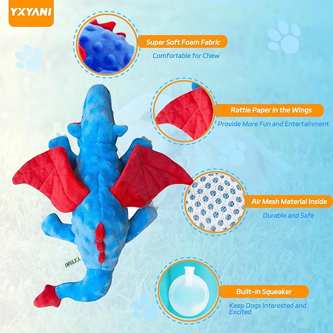 YXYANI Durable Plush Dinosaur Dog Toys with Squeaker, Crinkle Paper Stuffed Chew Toys for Small Middle and Large Dogs 14 Inch