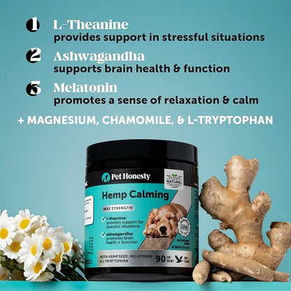 Natural Hemp Calming Chews for Dogs, Maximum Strength Stress Support for Anxiousness with Melatonin & Valerian Root, Non-Sedating Dog Relaxing Chews for Separation, Thunder & Vet Visits – Duck (90 Ct)
