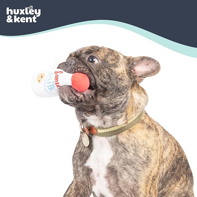 Huxley & Kent Funny Dog Toy w/Squeaker – Holiday Power Plush Squeaky Dog Toys for Small Dogs – Durable Small Stuffed Animal for Indoor Play & Fetch - Tiny Tuff Santa's Milk