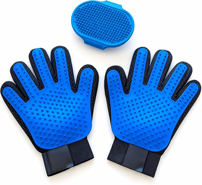 Blrmba Cat & Dog Grooming Gloves – 1 Pair Deshedding Tool with Pet Massage Bath Brush, Gentle Hair Remover & Massage Mittens, Suitable for All Fur Types (Blue)