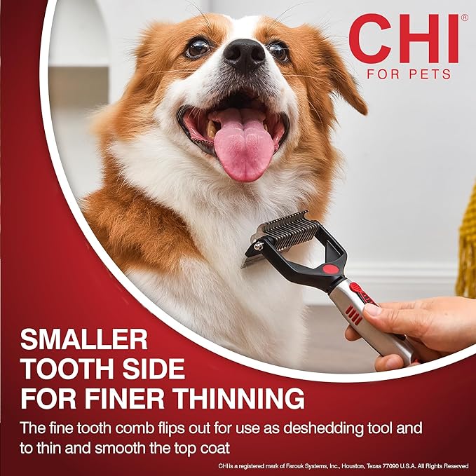 CHI for Dogs 2-in-1 Dematting and Deshedding Rake - Dual-Head Grooming Tool for Mats and Knots - Flip-Out Fine Rake for Smoothing Coats - Large Blade for Thick Fur - Dog Detangler Comb