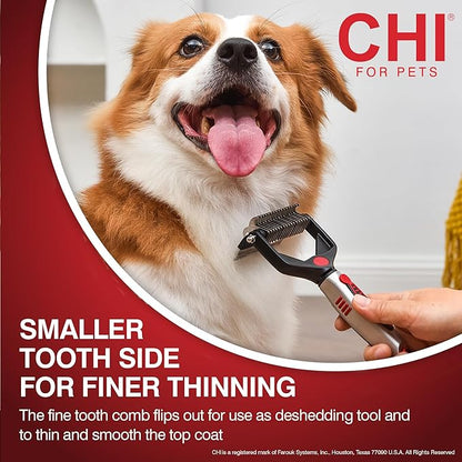 CHI for Dogs 2-in-1 Dematting and Deshedding Rake - Dual-Head Grooming Tool for Mats and Knots - Flip-Out Fine Rake for Smoothing Coats - Large Blade for Thick Fur - Dog Detangler Comb