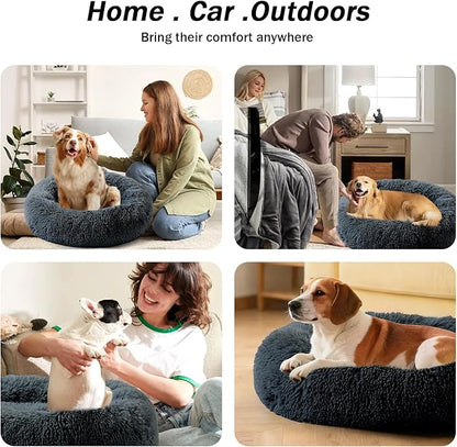 NOYAL Calming Donut Dog Bed for Small to Medium Dogs & Cats - Plush Faux Fur Anti-Anxiety Pet Bed with Machine Washable Cover & Non-Slip Base