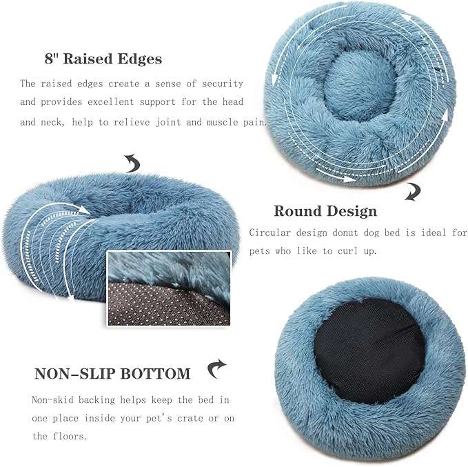 Calming Donut Dogs Beds for Small Dogs Washable,19inch Fluffy Round Puppy Bed for Puppies,Cats & Toy Breeds with Raised Rim,Fits up to 15 lbs Pets,Washed Blue