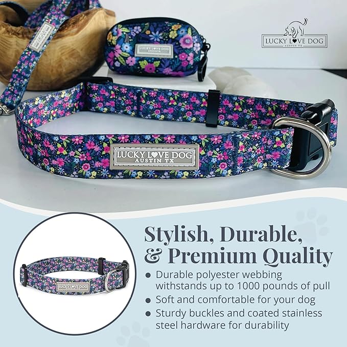 Lucky Love Dog, Comfortable, Soft, Cute Female Dog Collar for Tiny Dogs, Black & Purple Floral Print, Adjustable Nylon Collar, Primrose, X-Small