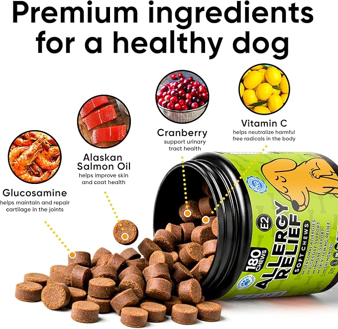 Dog Allergy Relief Chews – Anti Itch for Dogs with Colostrum & Salmon Oil – Reduces Paw Licking & Hot Spots – Omega 3 Fish Oil - Dry Skin & Coat Supplement for a Happy, Healthy Pup - 180 Count