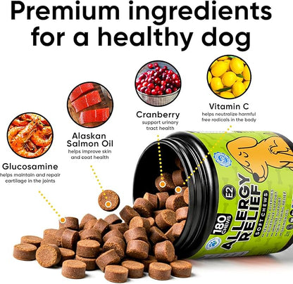 Dog Allergy Relief Chews – Anti Itch for Dogs with Colostrum & Salmon Oil – Reduces Paw Licking & Hot Spots – Omega 3 Fish Oil - Dry Skin & Coat Supplement for a Happy, Healthy Pup - 180 Count