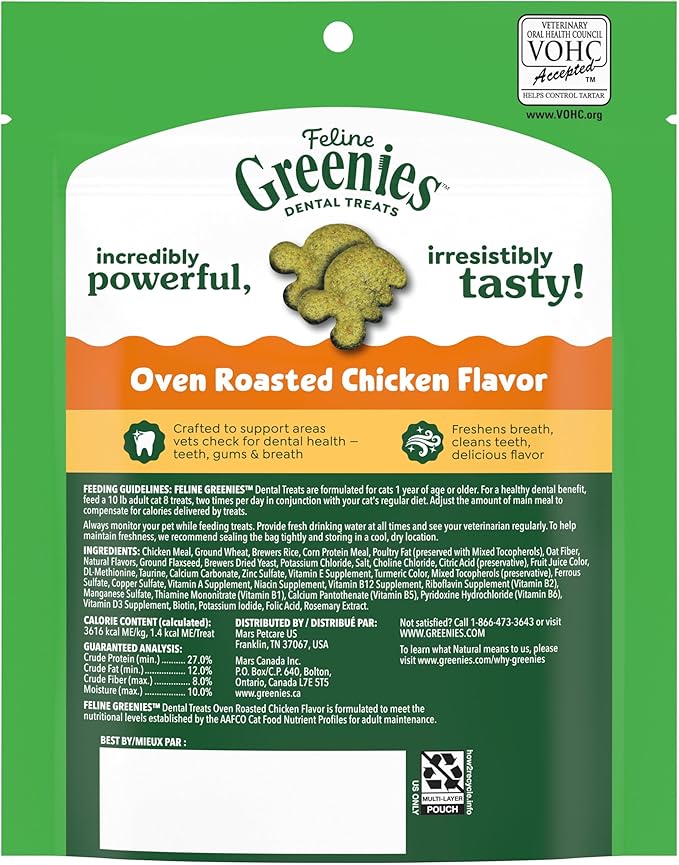 Greenies Feline Veterinarian-Recommended Adult Natural Dental Cat Treats, Oven Roasted Chicken Flavor, 4.6 oz. Pouch