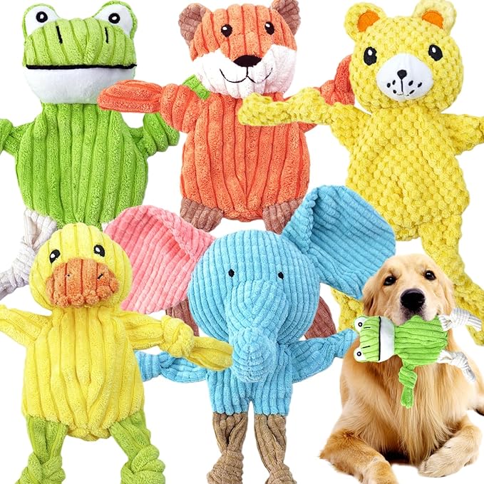 MRSOHRET 5 Pack Squeaky Dog Toys, No Stuffing Plush Dog Chew Toy Puppy Teething Toys to Keep Them Busy, Chewer Tough Durable Crinkle Interactive Dogs Toy Bundle for Small Medium Large Dogs