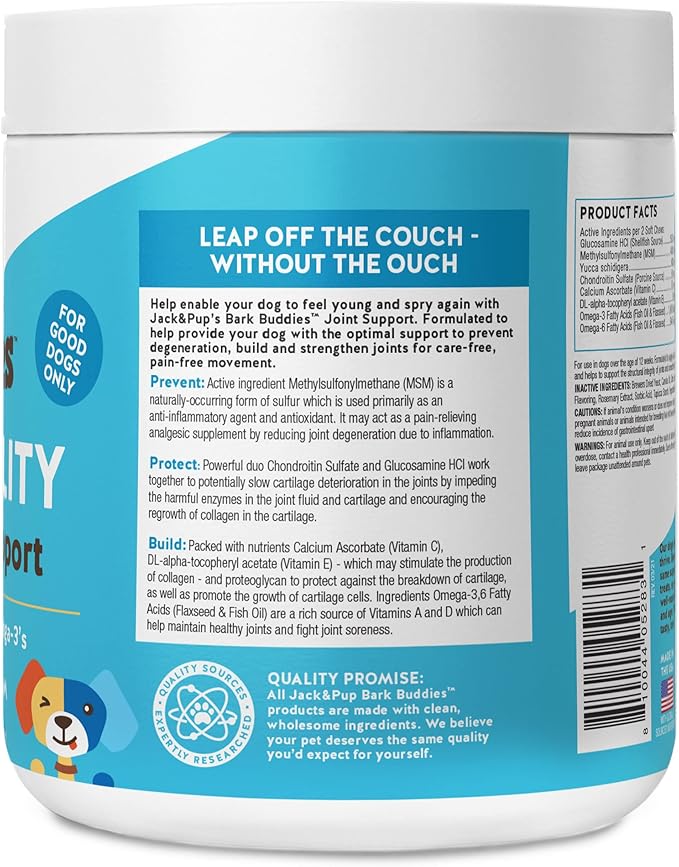 Jack&Pup Dog Joint Supplement Flex-Agility Bark Buddies | Glucosamine Chondroitin for Dogs | Hip and Joint Chews for Dogs (5oz, 60 Ct)