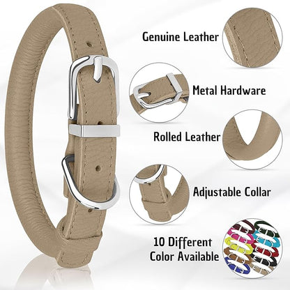OOPSDOGGY Rolled Leather Dog Collar Soft Roll Collars for Small Medium Large Dogs Puppy (Beige, L, 14"-18")