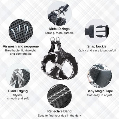 BEAUTYZOO Step in Dog Harness and Leash Set,Reflective Dog Harness No Pull No Choke Puppy Harness for Small Medium Large Dogs Cats,Soft Padded Mesh Vest Harnesses for Girl and Boy Pets,Black Plaid M