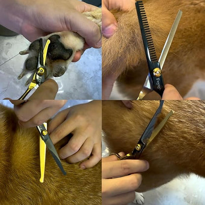 Dog Grooming Scissors Kit, Fcysy Professional Pet Shears for Cats at Home, Dog Grooming Tools with Curved & Straight Blades Scissors Thinning Shears Pet Supply Set