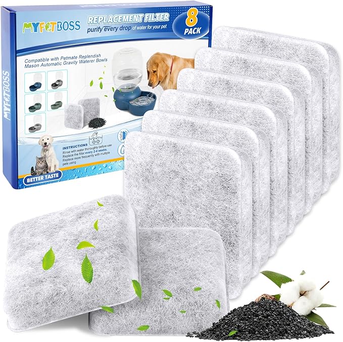 MyfatBOSS Water Fountain Filters Replacement for Dog, Pet Water Filter Compatible with Petmate Replendish Mason Gravity Waterers, Filter for Automatic Waterer Bowls Dog Water Dispenser- 8Pack