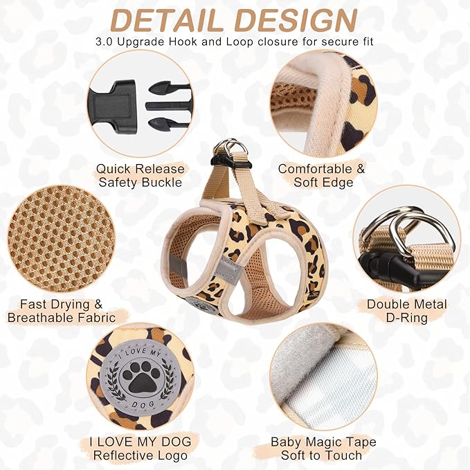 BEAUTYZOO Step in Dog Harness and Leash Set,Reflective Dog Harness No Pull No Choke Puppy Harness for Small Medium Large Dogs Cats,Soft Padded Mesh Vest Harnesses for Girl Boy Pets,Leopard Khaki S