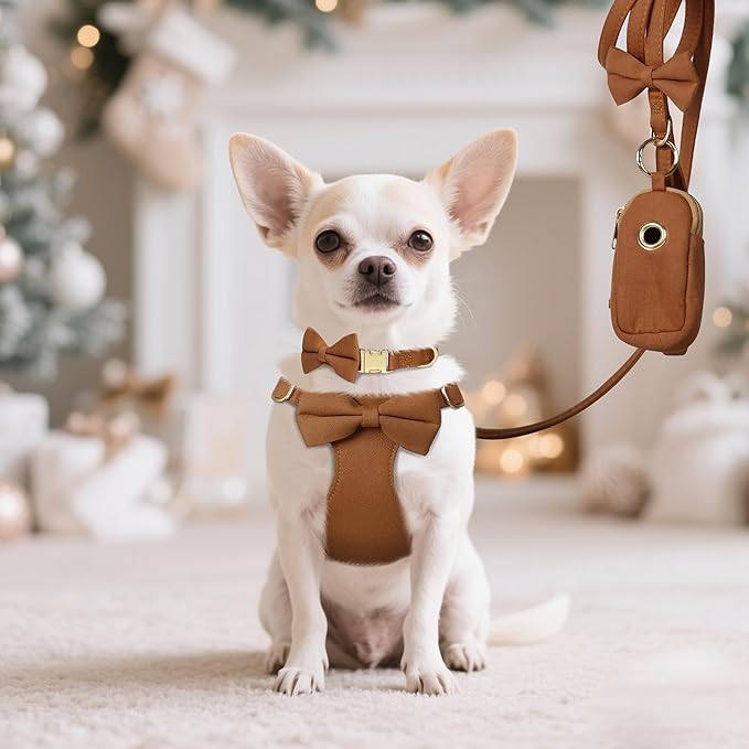 Beirui Adorable Small Dog Harness Collar and Leash Set,Cute XXS Puppy Harness Set with 3 Bows for Tiny Dogs,Chihuahua,Adjustable Step-in Vest for Daily Walking,Parties&Holiday Outfits(Brown,XXS)
