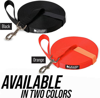 Leash Boss Long Trainer - 1 Inch Nylon Long Dog Training Leash with Storage Strap (20 Ft, Black)