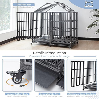 54 inch Heavy Duty Indestructible and Escape-Proof Dog Crate Cage Kennel for 1 XL or 2 Medium Dogs, Divider Panel, Removable Tray & Wheels, for High-Anxiety Dogs, Extra Large XL (Black)