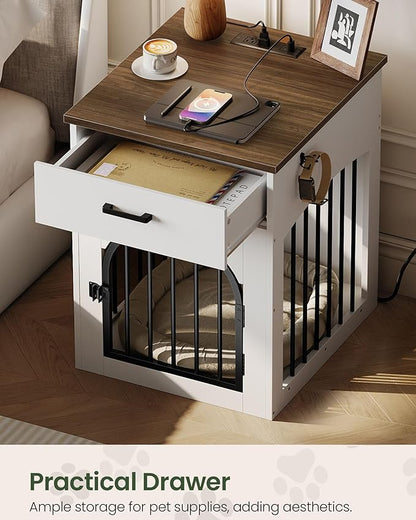 CHOEZON Dog Crate Furniture, Wooden Dog House with Charging Station and Storage Drawer, Indoor Pet Crate End Table for Small Breeds, Dog Kennel for Living Room, Bedroom, White and Walnut MGW01UWL