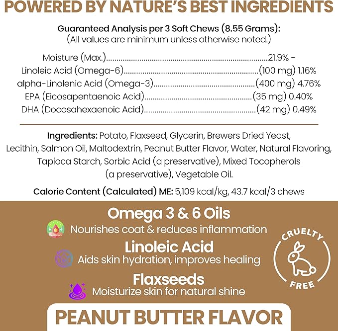 Omega for Dogs - 180 Delicious Soft Chews - Salmon Oil Treats for Skin and Coat, Itch Relief - Fish Oil Blend of Essential Fatty Acids, Omega 3, 6, and 9, and Vitamins - Peanut Butter Flavor