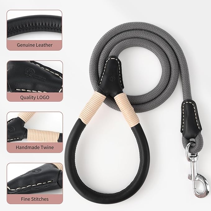 Mile High Life Genuine Leather Wrapped Handle Dog Leash, w Heavy Duty Clasp Rope Leash for Small Medium Large Dogs (Gray, 5FT)