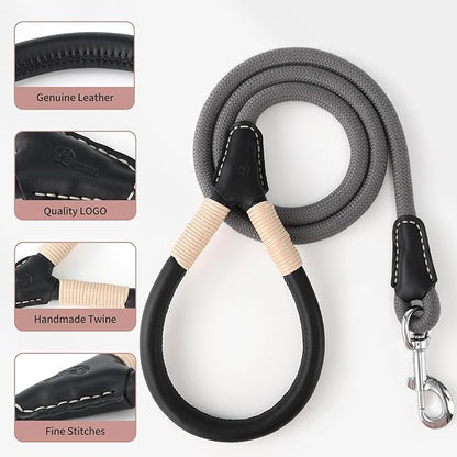 Mile High Life Genuine Leather Wrapped Handle Dog Leash, w Heavy Duty Clasp Rope Leash for Small Medium Large Dogs (Gray, 6FT)