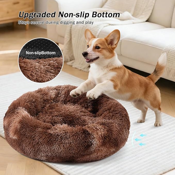 NOYAL Calming Donut Dog Bed for Small to Medium Dogs & Cats - Plush Faux Fur Anti-Anxiety Pet Bed with Machine Washable Cover & Non-Slip Base
