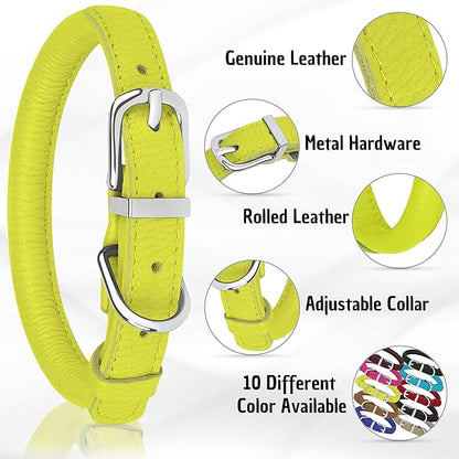 OOPSDOGGY Rolled Leather Dog Collar Soft Roll Collars for Small Medium Large Dogs Puppy (Lime Green, XXS, 7"-9")