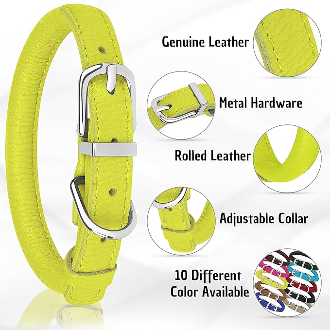 OOPSDOGGY Rolled Leather Dog Collar Soft Roll Collars for Small Medium Large Dogs Puppy (Lime Green, XS, 8"-11")