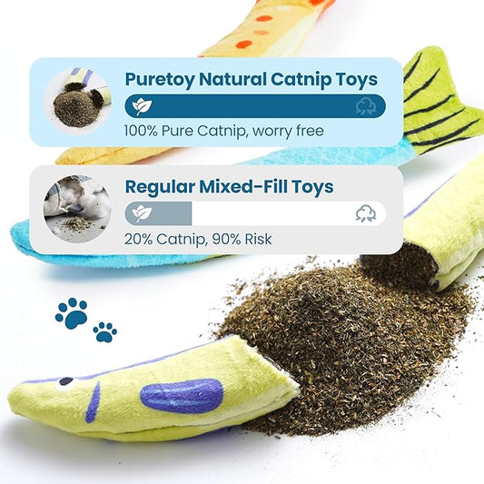 PURETOY Catnip Toys, [12000mg] Extra Large Cat Toys for Indoor Cats, 100% Natural North American Catnip Floppy Fish, Crinkle Sound, Soft Cotton-Free Surface for Chewing, Teething & Kicking