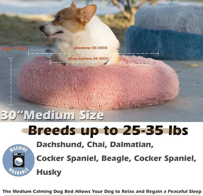 Calming Dog Bed for Medium Dogs Washable Donut 30 inches Anti-Slip Pet Bed,Round Fluffy Plush Faux Fur Cat Bed,Fits up to 45 lbs Pets,Pink