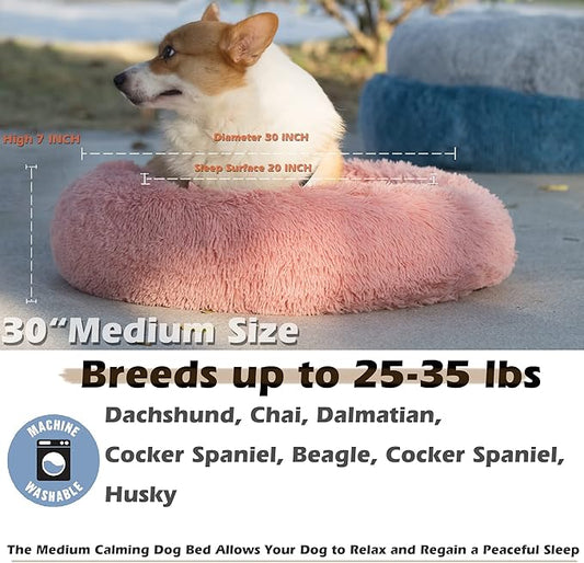 Calming Dog Bed for Medium Dogs Washable Donut 30 inches Anti-Slip Pet Bed,Round Fluffy Plush Faux Fur Cat Bed,Fits up to 45 lbs Pets,Pink
