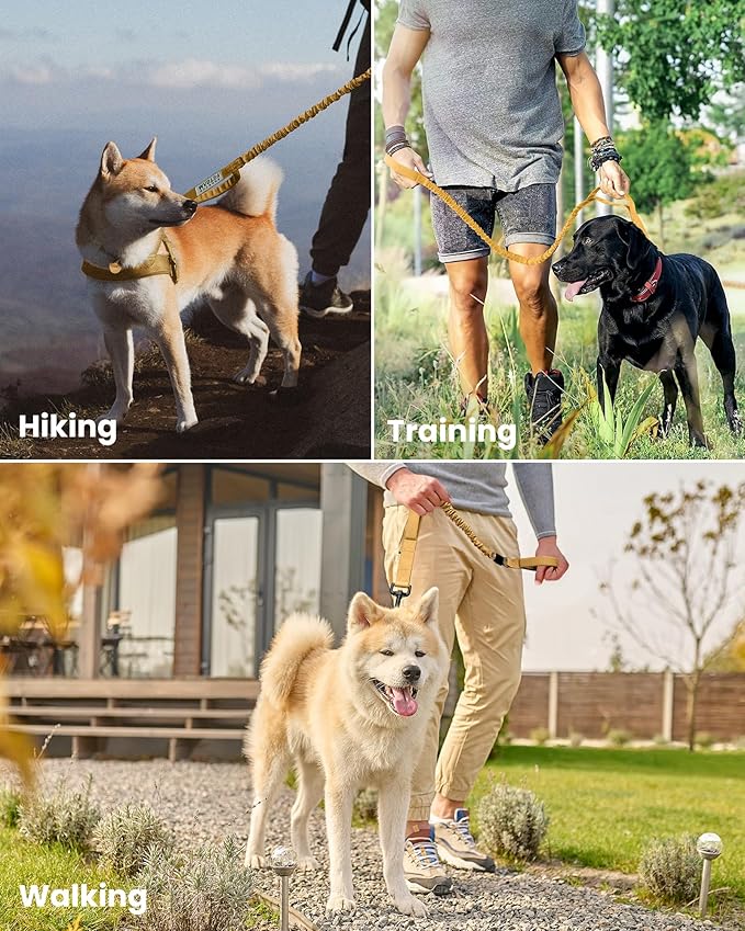 OutdoorMaster Bungee Dog Leash, Heavy Duty Dog Leash with Shock Absorption, 2 Padded Handles Training Leash, Improved Dog Safety and Comfort (Brown, 4 FT)