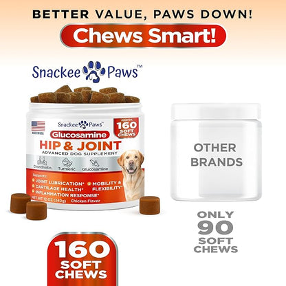 Hip and Joint Supplement for Dogs - Glucosamine for Dogs - Approx 160 Joint Pain Relief Chews - Chondroitin, MSM - Hemp Oil - Advanced Canine Health Supplement - Mobility Support Treats