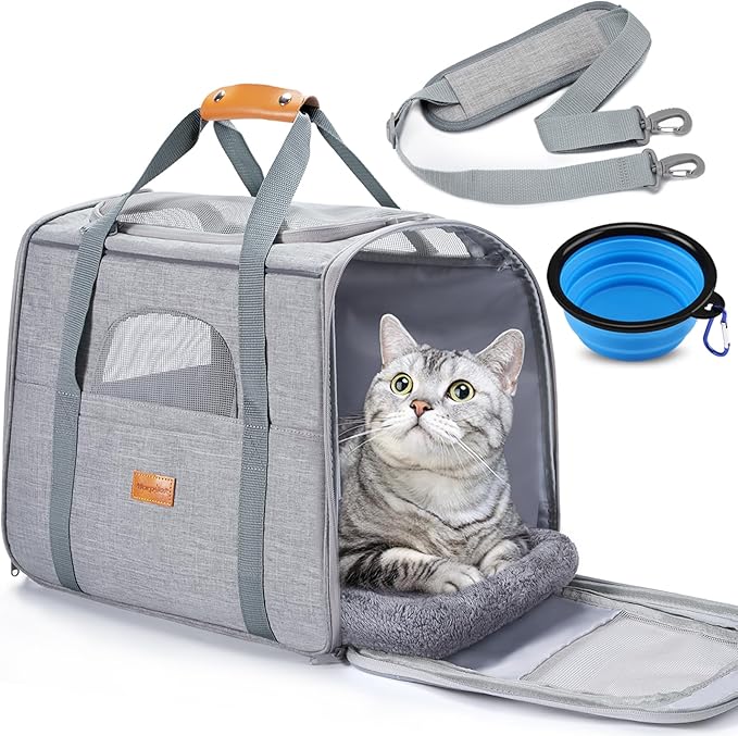 Morpilot Portable Cat Carrier - Soft Sided Cat Carrier for Medium Cats and Puppy up to 15lbs, Pet Carrier with Locking Safety Zippers, Foldable Bowl, Airline Approved Travel Dog Carrier - Light Gray