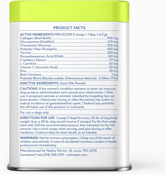 Native Pet Dog Vitamins & Supplements - 11-in-1 Multivitamin Powder for Dogs Food Topper - Collagen, Glucosamine, Probiotics, Omega & More- Supports Healthy Gut, Mobility & Overall Health -60 Scoops