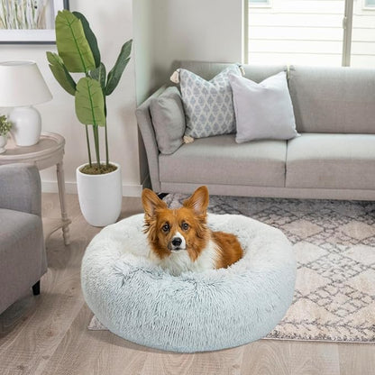 Best Friends by Sheri The Original Calming Donut Dog Bed – Washable Plush Pet Bed for Medium Breeds up to 45 lbs, Shag Faux Fur, Frost Gray, Medium (30" x 30")