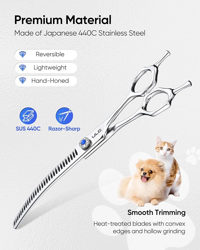 ULG 7.0" Curved Professional Dog Grooming Shears 30-Tooth Precision Thinning (55-60%) Japanese 440C Stainless Steel Adjustable Tension & Universal Left & Right Hand Use