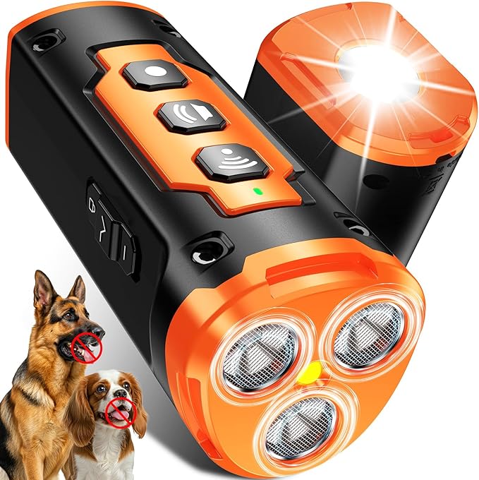 JTJTXL 1-Touch Dog Bark Deterrent Devices with 3 Sonic Heads,Portable 50ft Range Anti Barking Device for Dogs,Rechargeable & Safe Dog Training Tool with Flashlight,Helps Improve Dog's Behavior Orange