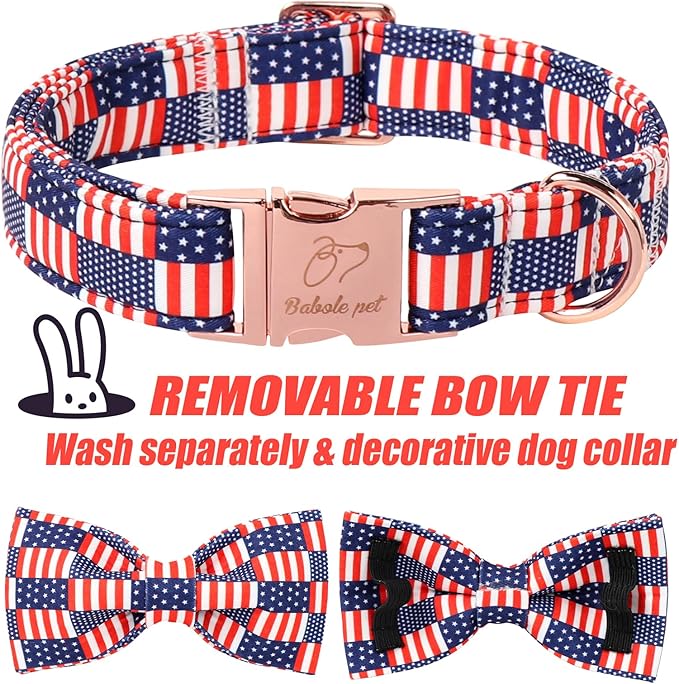 4th of July Dog Collar with Bow Tie - Independence Day Star Flag Bowtie Collar Safety American Flag Patriotic Dog Collars for Small Medium Large Dogs S
