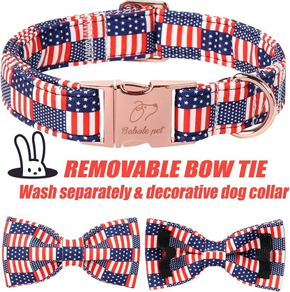 4th of July Dog Collar with Bow Tie - Independence Day Star Flag Bowtie Collar Safety American Flag Patriotic Dog Collars for Small Medium Large Dogs S