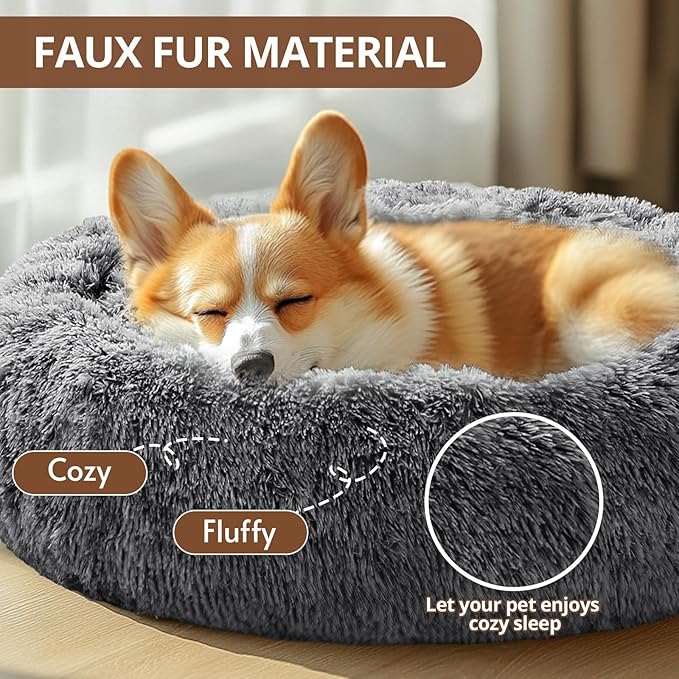 JOLLYVOGUE Calming Small Dog & Cat Bed for Indoor Cats - 20 inches Washable Donut Bed for Kittens & Puppies, Anti-Anxiety Round Fluffy Plush Pet Beds (Fits up to 15 lbs, Smoke Black)