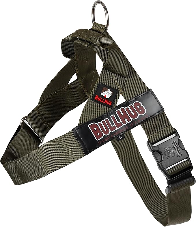 BULLHUG Adjustable Dog Harness– No Pull, No Choke – for English Bulldogs, French Bulldogs, Pugs & Broad-Chested Breeds – Easy, Safe Walks (Olive Green, Large)