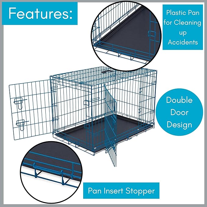 Internet's Best Wire Dog Kennel | Medium (36 Inches) | Double Door Metal Steel Crates | Indoor Outdoor Pet Home | Folding and Collapsible Cage | Blue