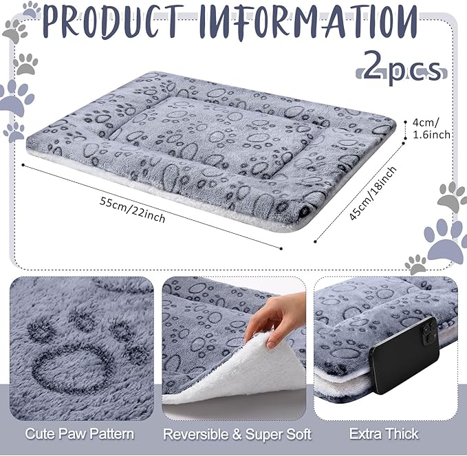 VitalCozy 2 Pack Self Warming Cat Mat Self Heating Pad Bed Reversible Machine Washable Reflects Body Heat Warm Thermal Pet Pad Crate Blanket for Feral and Indoor Cat (Grey,22'' X 18'',Dog Paw)