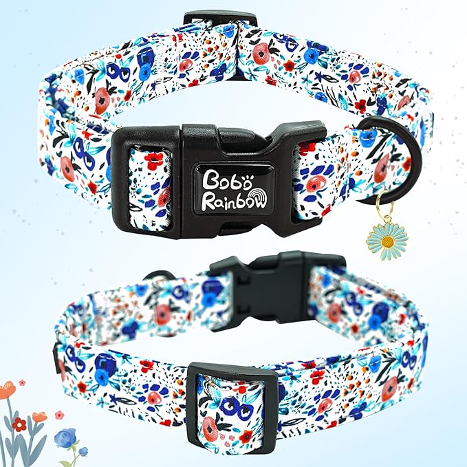 Dog Collar-Cute Flower Adjustable Pet Collars Soft Comfortable Puppy Collar Blue Cotton Dog Collars Durable Necklace Gift for Small Dogs