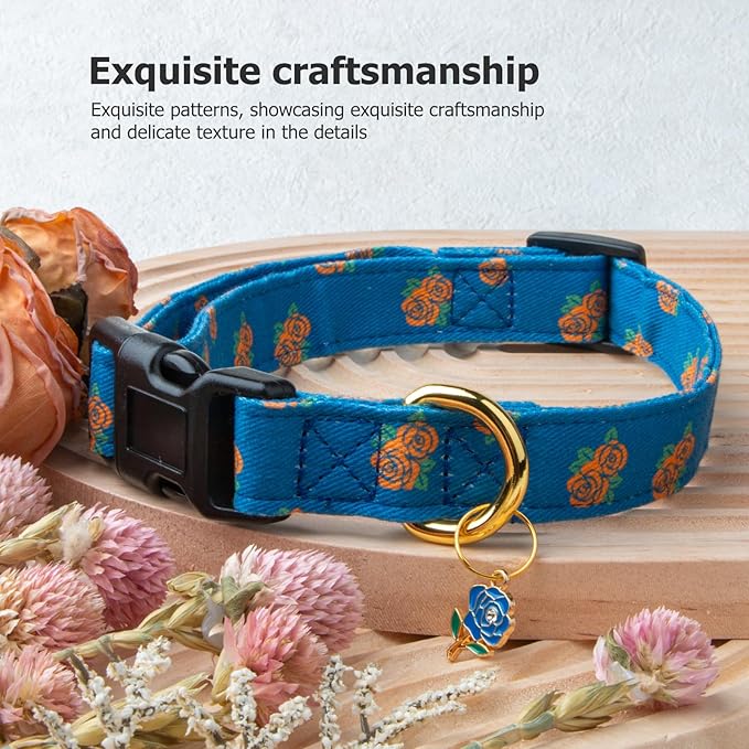Cotton Handmade Dog Collar Cute and Distinctive Patterns Blue Rose with Pendant for Girl Boy Dogs Collars M